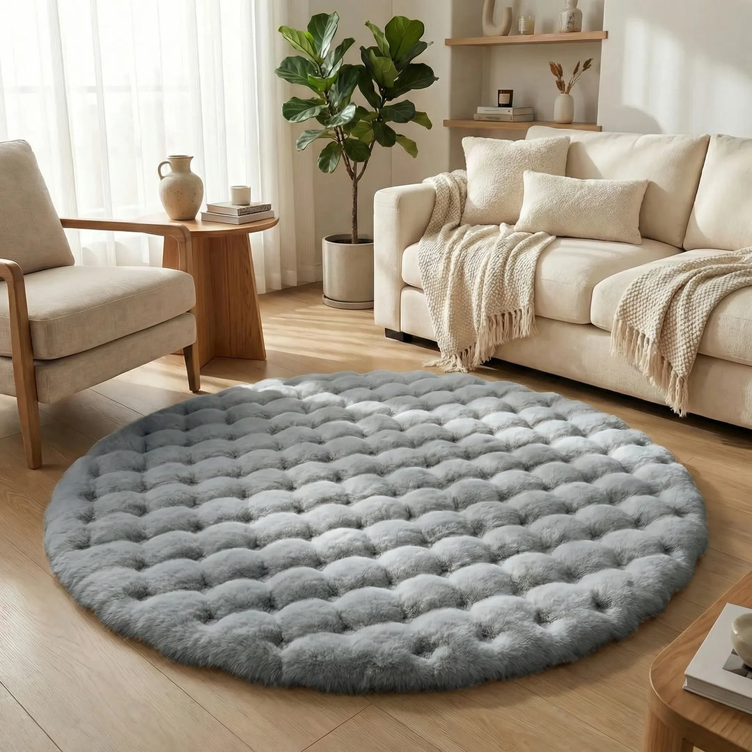 Stylish round plush area rug with Flowique waves. Versatile home decor for living rooms, bedrooms, or nurseries.