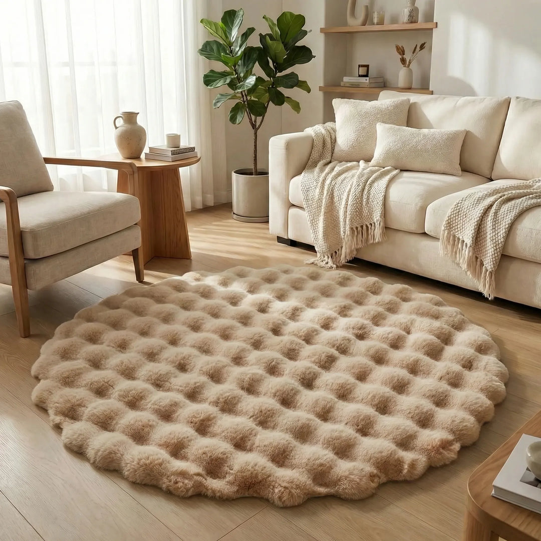 Deep pile round plush area rug, exceptionally soft with Flowique wave design. Creates cozy ambiance.