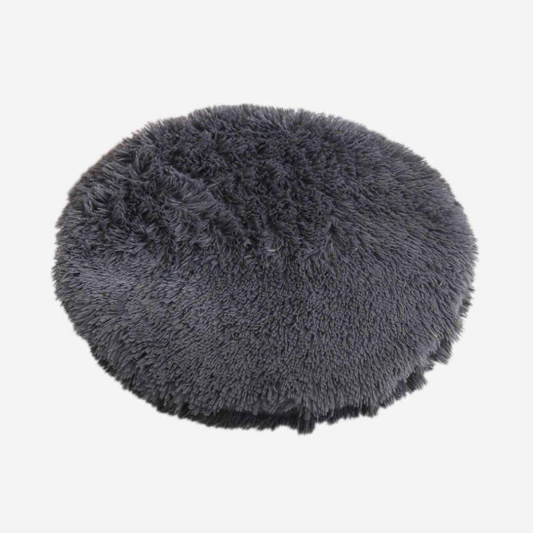 Cozy round plush pet bed blanket for small dogs, grey, soft & washable pet supplies.