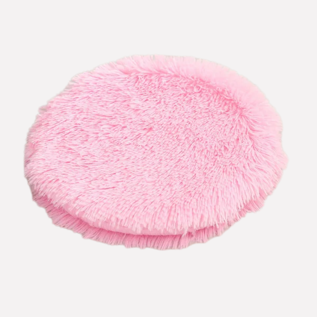 Soft grey round plush dog bed blanket, comfortable & washable pet sleeping essential.
