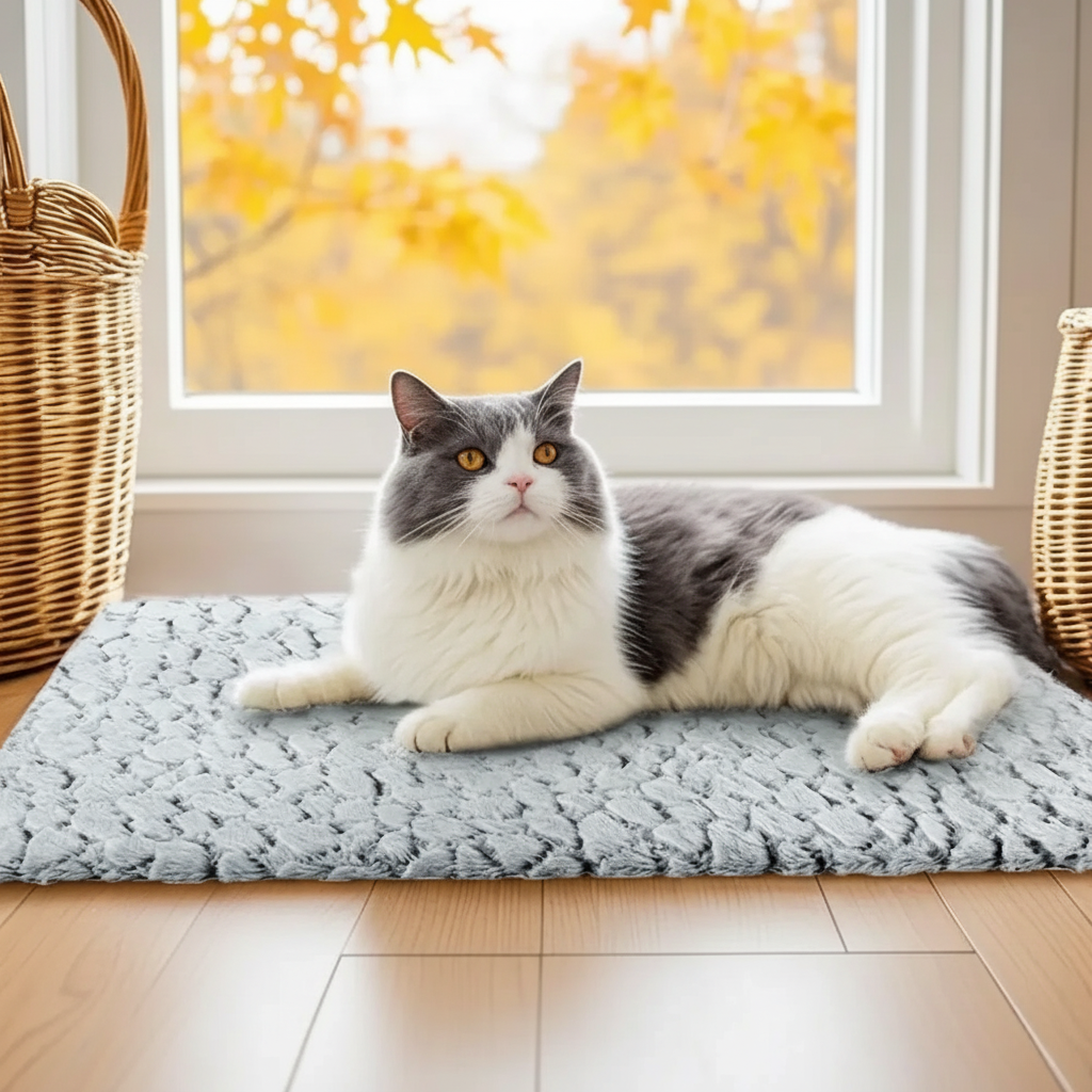 Cozy self-heating pet bed mat for small dog or cat, non-slip base, eco-friendly thermal comfort for winter.