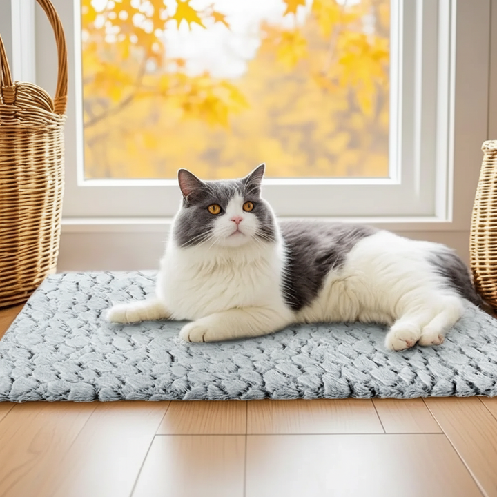 Cozy self-heating pet bed mat for small dog or cat, non-slip base, eco-friendly thermal comfort for winter.