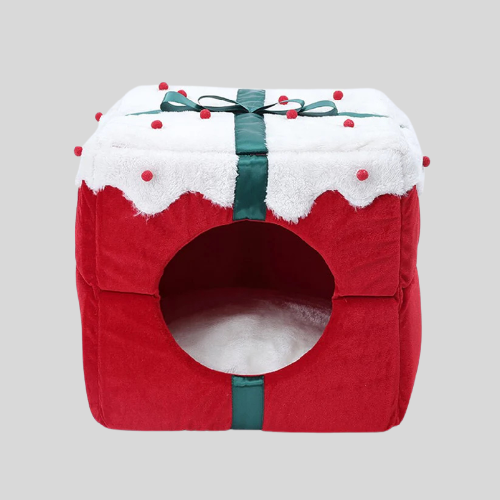 Cozy semi-enclosed Christmas holiday pet bed for dog or cat with plush interior