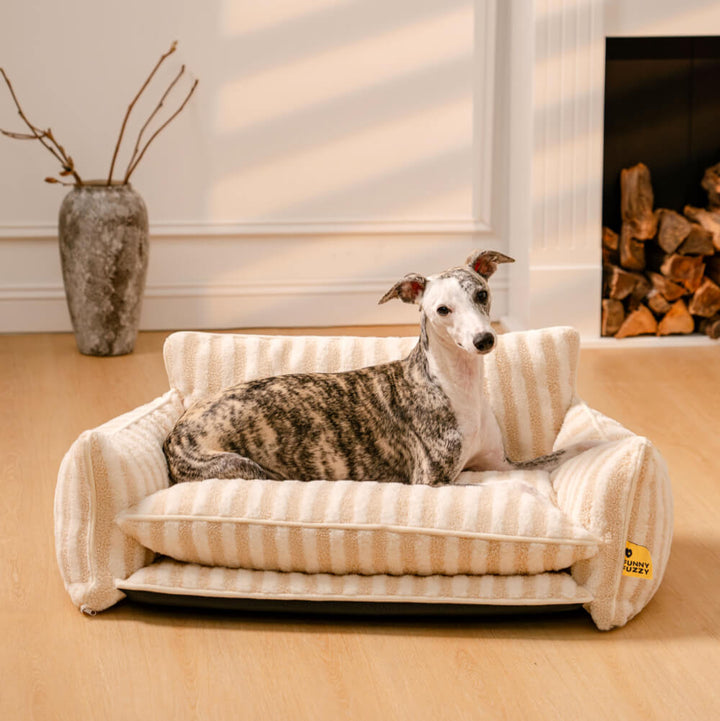 Striped faux lambswool dog bed, elegant pet furniture, soft and warm for ultimate rest
