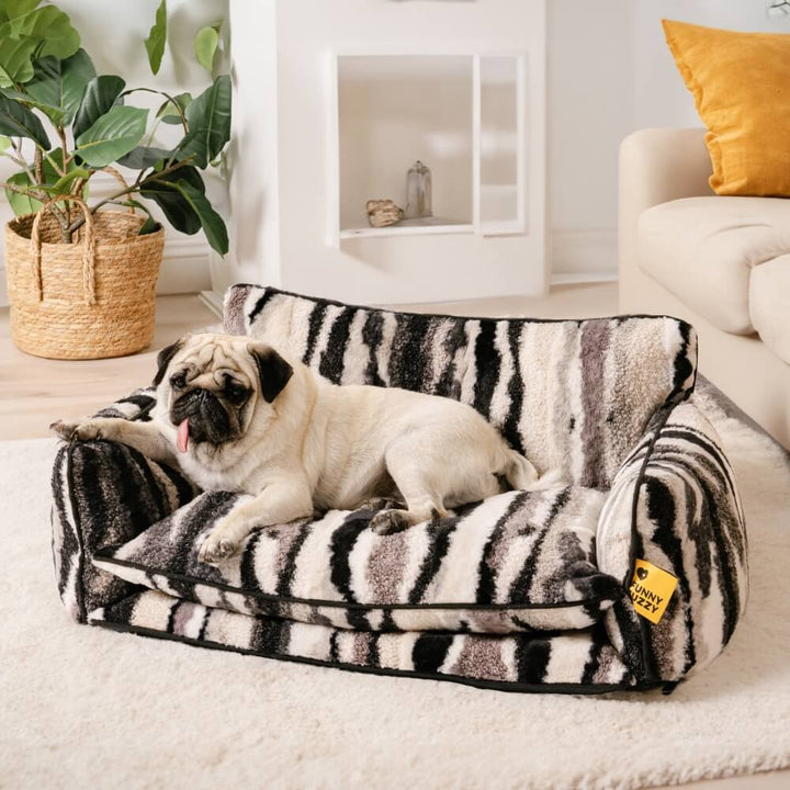 Pet bed for cats and dogs, striped faux lambswool, cozy lounging spot, perfect for any home
