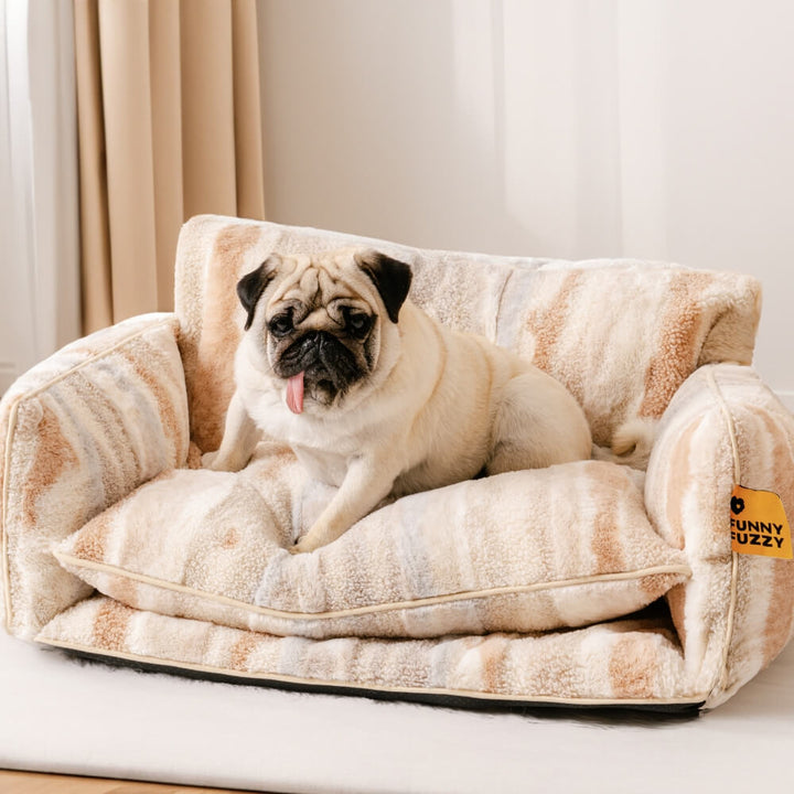 Premium faux lambswool pet bed, striped design, softest animal lounger, easy to maintain