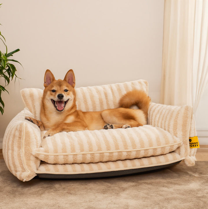 Striped dog bed with faux lambswool, ultimate pet comfort, durable and washable for convenience