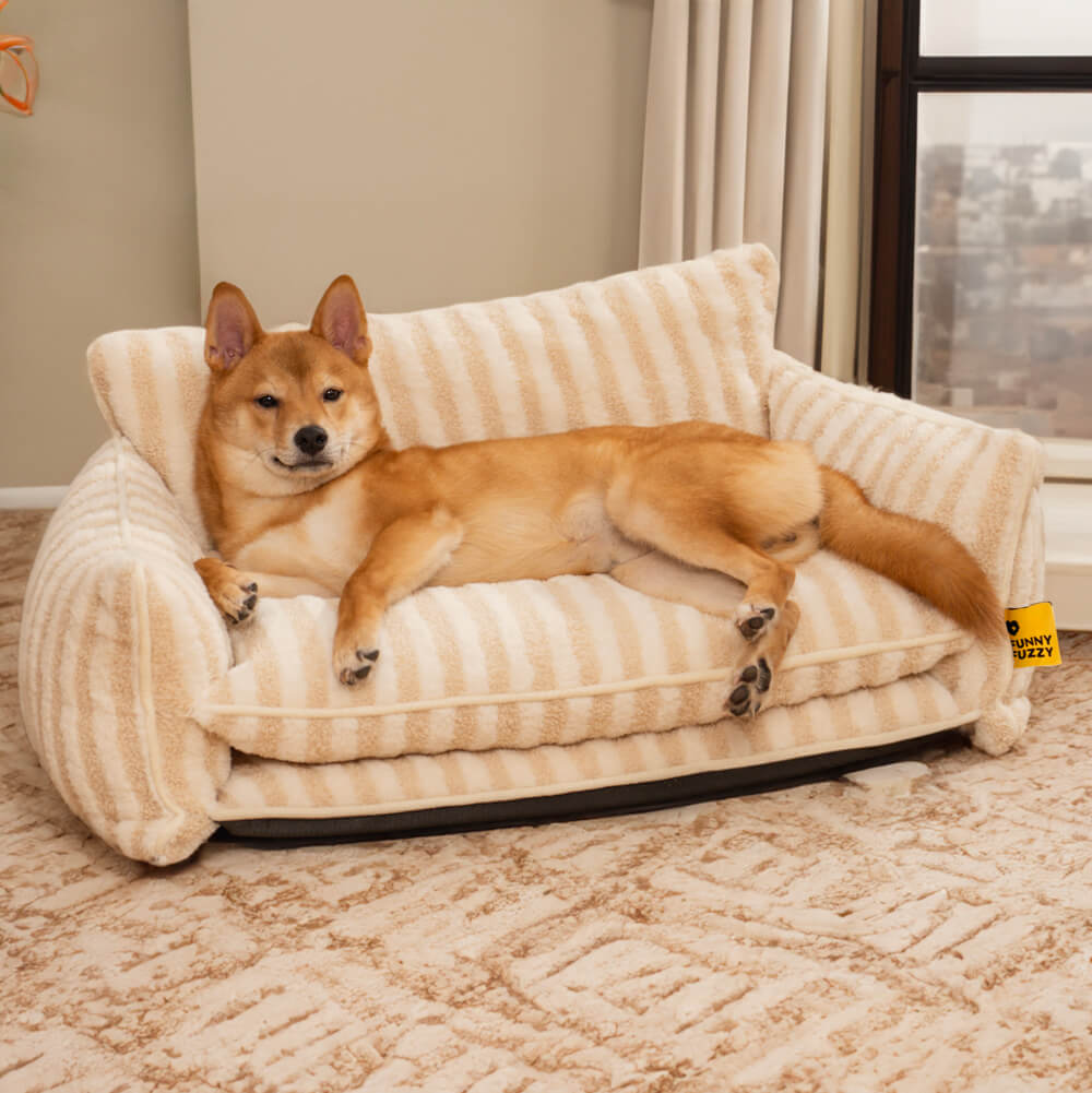 Soft striped cat bed, faux lambswool material, cozy and inviting pet furniture, modern style
