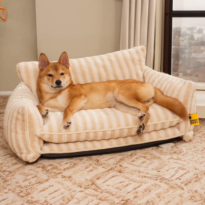 Soft striped cat bed, faux lambswool material, cozy and inviting pet furniture, modern style