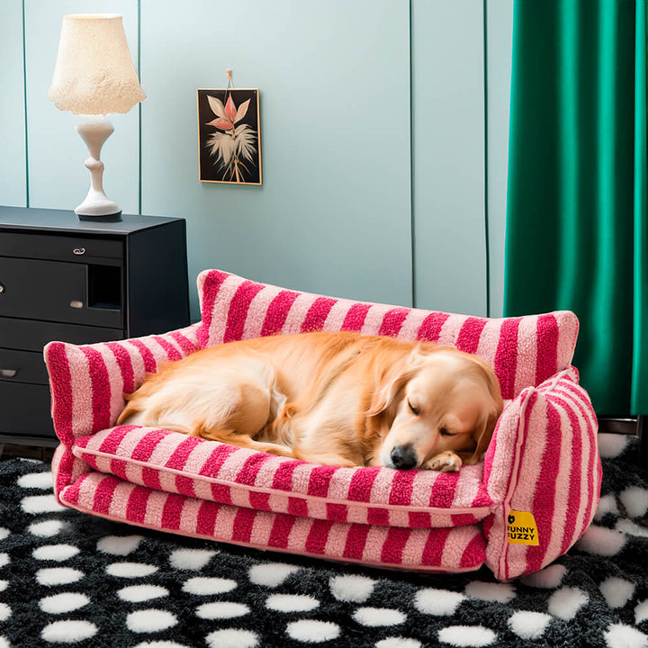 Dog bed: striped faux lambswool, plush and comfortable pet furniture, easy-care design