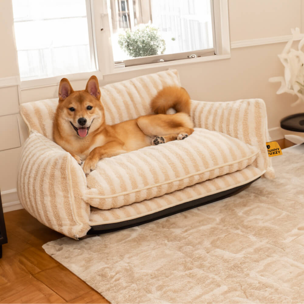 Striped faux lambswool pet bed, supreme comfort for dogs and cats, modern animal bedding