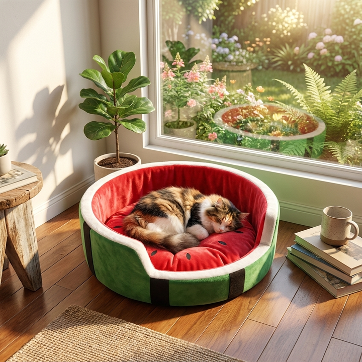 Cozy watermelon cat bed, a plush pet lounge with a fun fruit design for ultimate comfort and unique style.