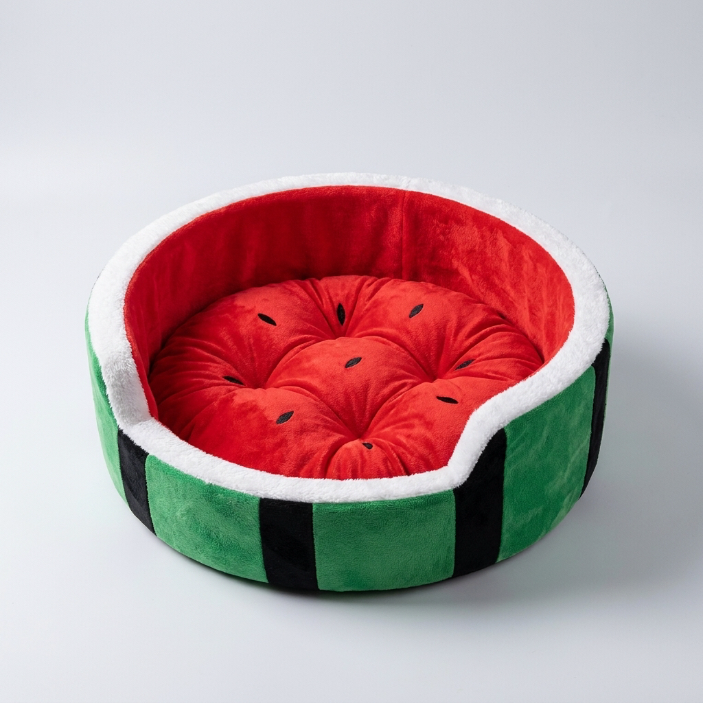 Playful watermelon cat bed, a cozy pet lounge with a unique fruit design, ideal for cats seeking comfort and style.