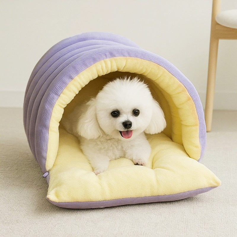 Winter pet bed with removable cover, cream, soft sleeping nest for small pets