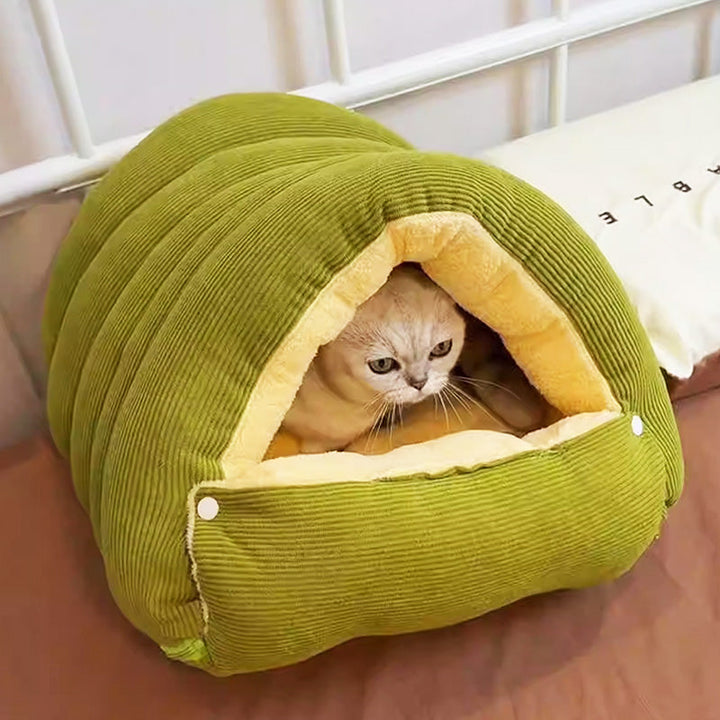 Soft cat bed, beige, perfect for winter, deep sleeping nest design