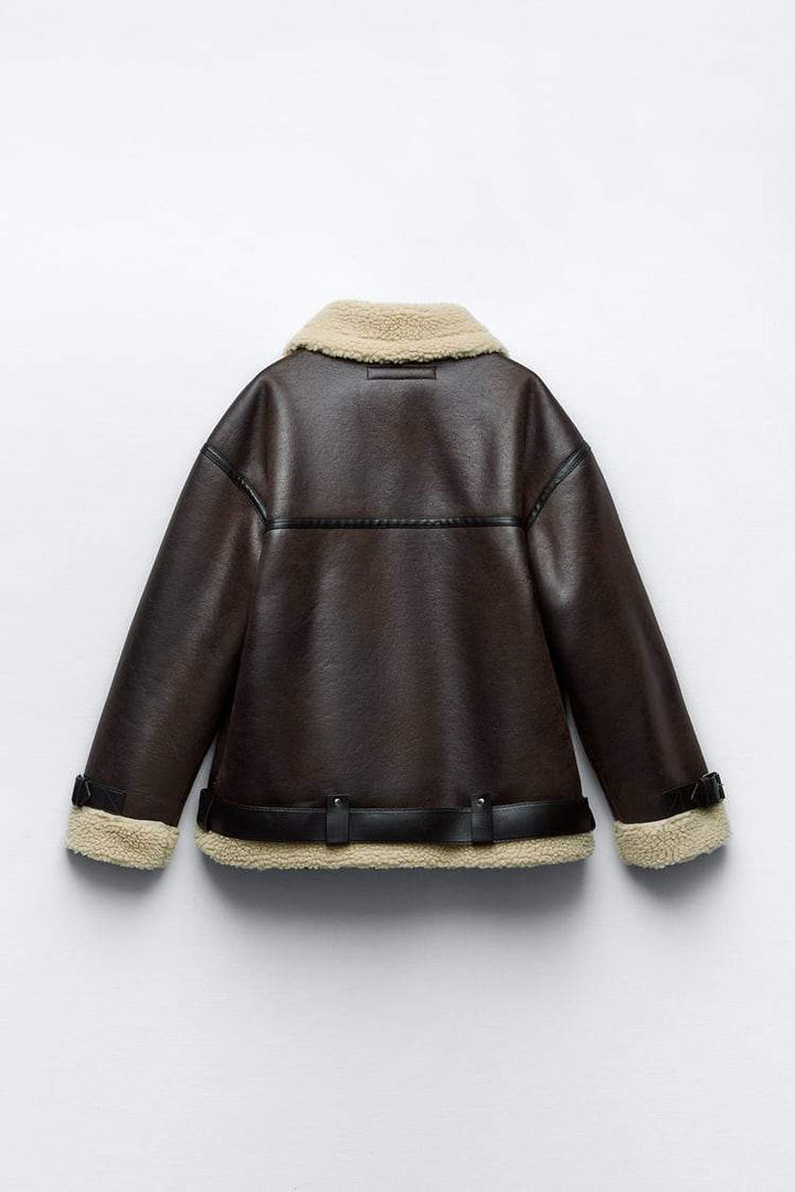 Chic brown women's lapel jacket, a cozy and stylish outerwear choice for fall & winter fashion. Versatile and warm.