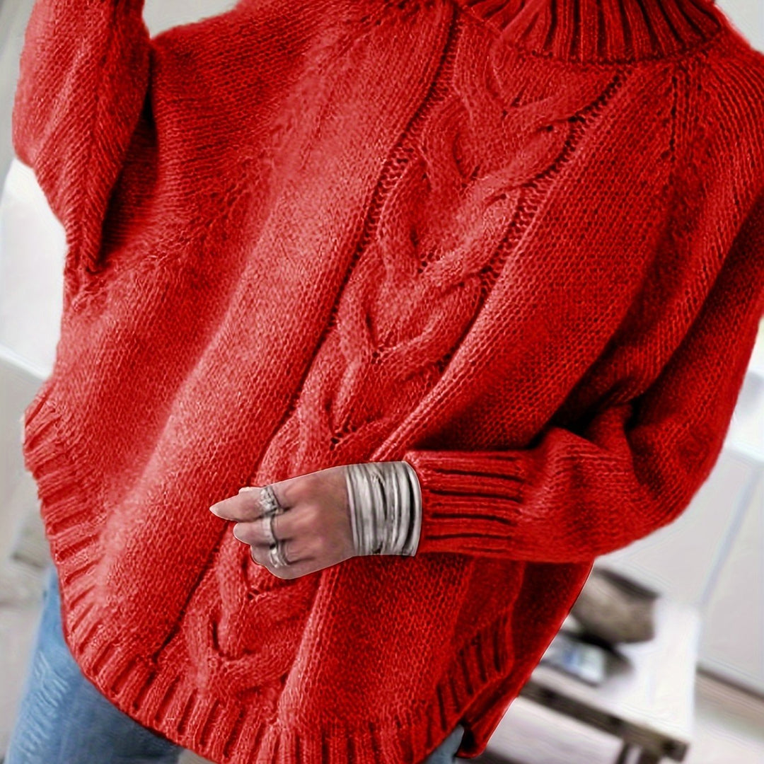 Cozy women's high-neck cable knit sweater, perfect for winter wear, with a stylish flared hem.