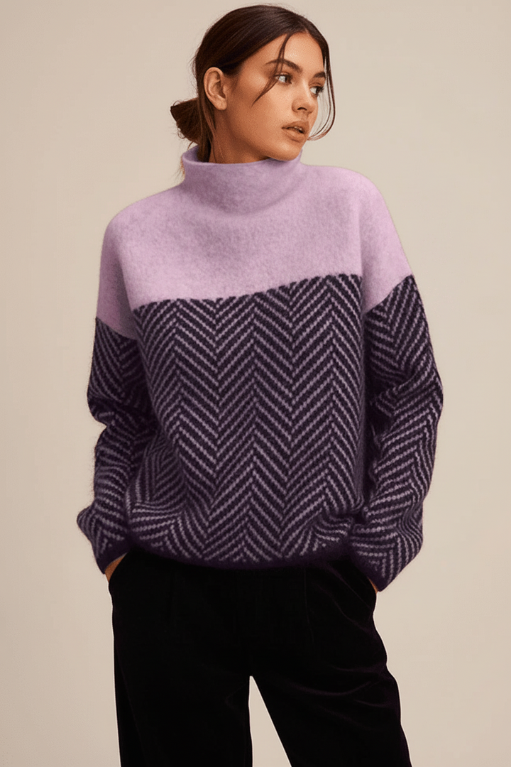 Warm women's high collar sweater for everyday comfort. Relaxed fit pullover, essential winter layer.