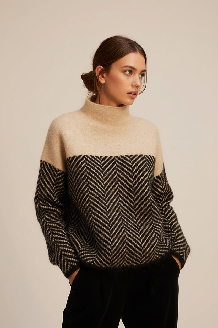 Casual women's high collar pullover sweater, relaxed fit, great for everyday wear in fall & winter.