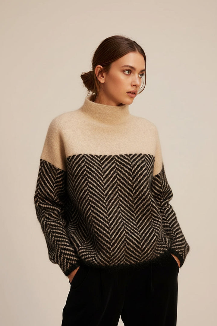 Casual women's high collar pullover sweater, relaxed fit, great for everyday wear in fall & winter.