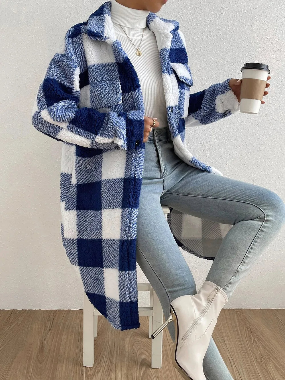 Cozy women's plaid longline jacket, perfect for fall and winter outerwear.