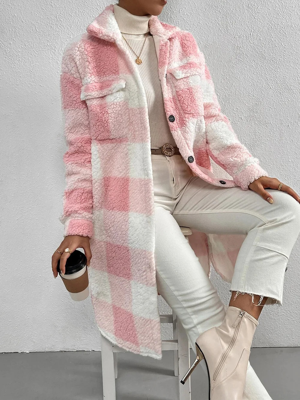 Warm plaid longline jacket for women, ideal cozy winter outerwear with a button-up style.