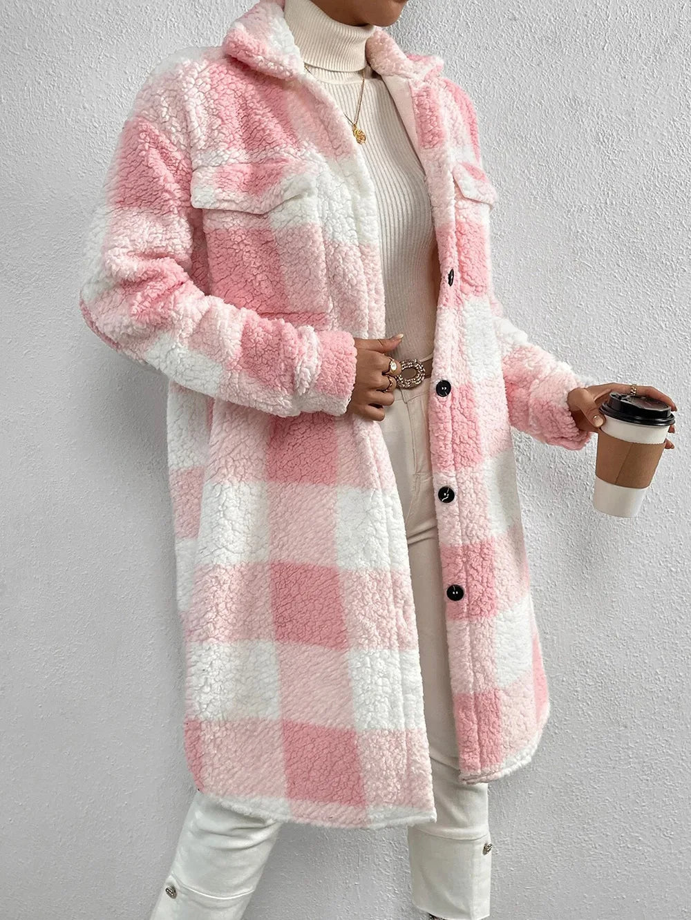 Soft, cozy women's plaid longline jacket, stylish button-up outerwear for chilly fall days.