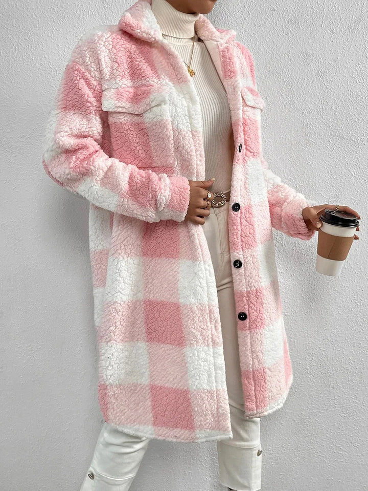 Soft, cozy women's plaid longline jacket, stylish button-up outerwear for chilly fall days.