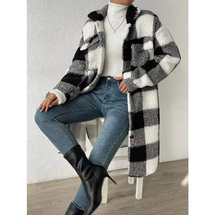 Women's plaid longline jacket, a cozy and fashionable button-up piece for winter wear.