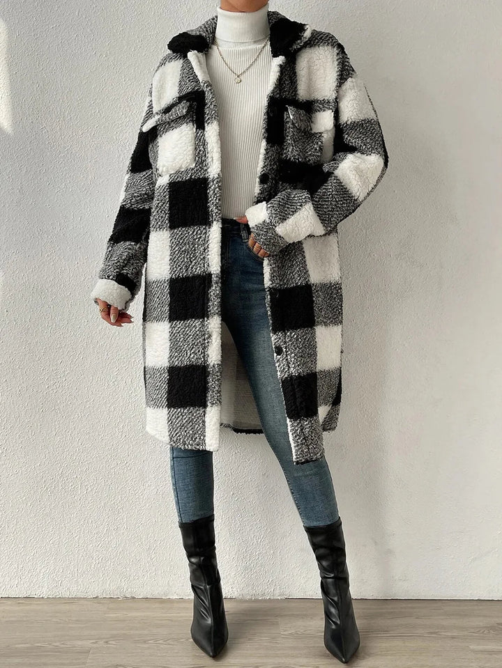 Fall and winter women's plaid longline jacket, cozy outerwear with a comfortable button-up design.