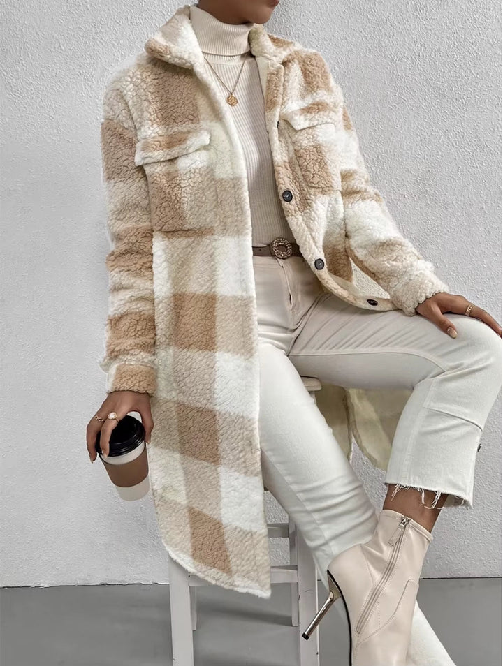Comfortable women's plaid longline jacket, cozy button-up outerwear ideal for fall and winter fashion.