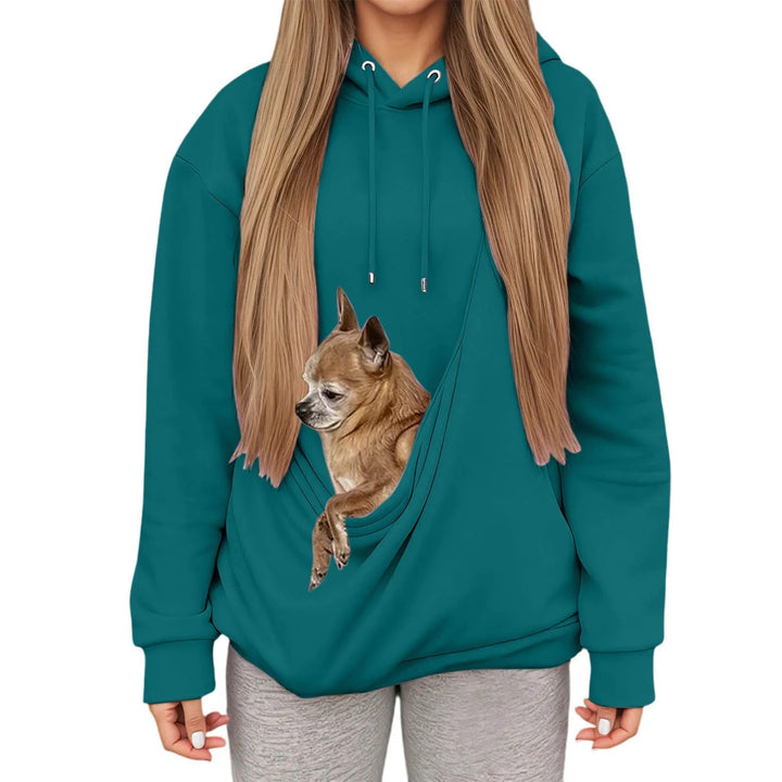 Warm women's sweatshirt with a built-in pet compartment, perfect for cozy pet snuggles.
