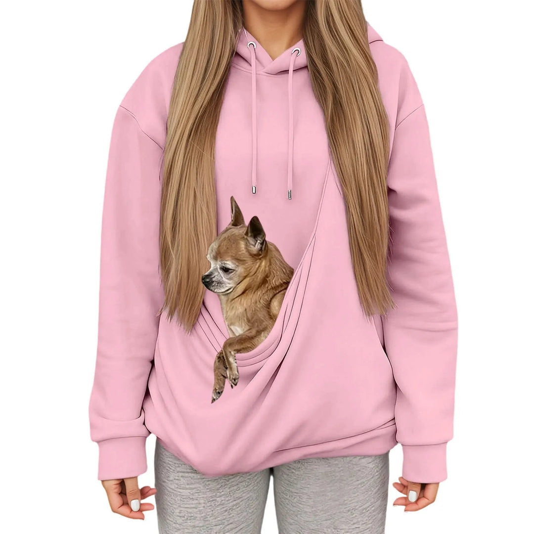 Women's casual pet carrier hoodie, soft sweatshirt with integrated pet pouch for small animals.