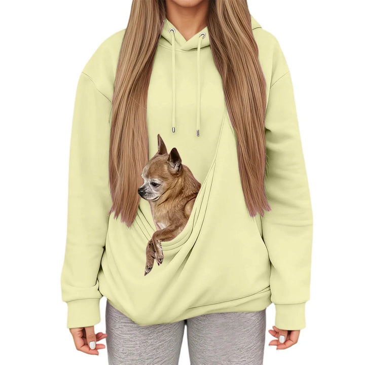 Warm women's hoodie with a front pet pouch, ideal for close pet bonding and daily wear.