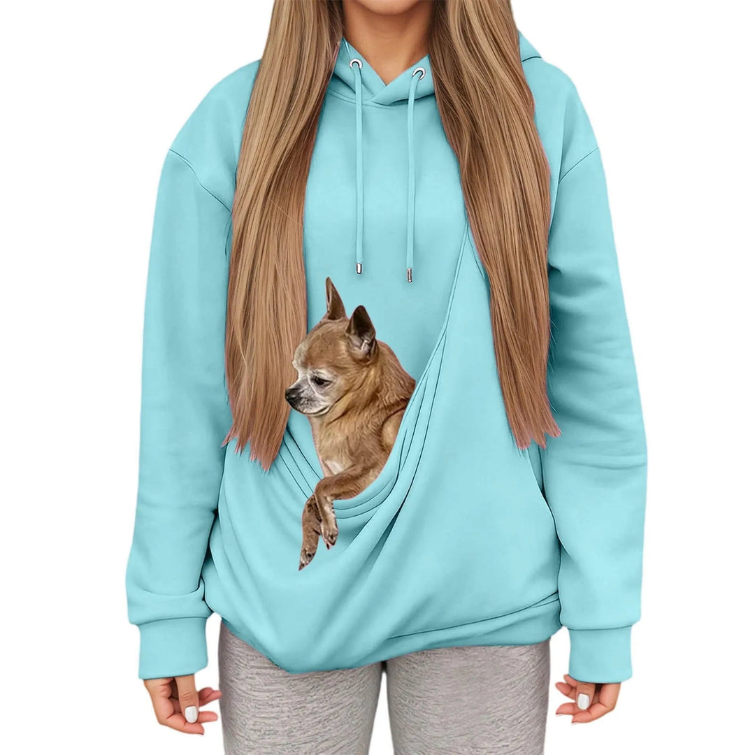 Practical women's pullover with pet carrier, combining a hoodie's comfort with pet portability.