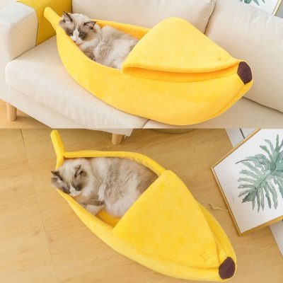 Cozy yellow banana cat bed for playful kitties, comfortable cotton pet bed.