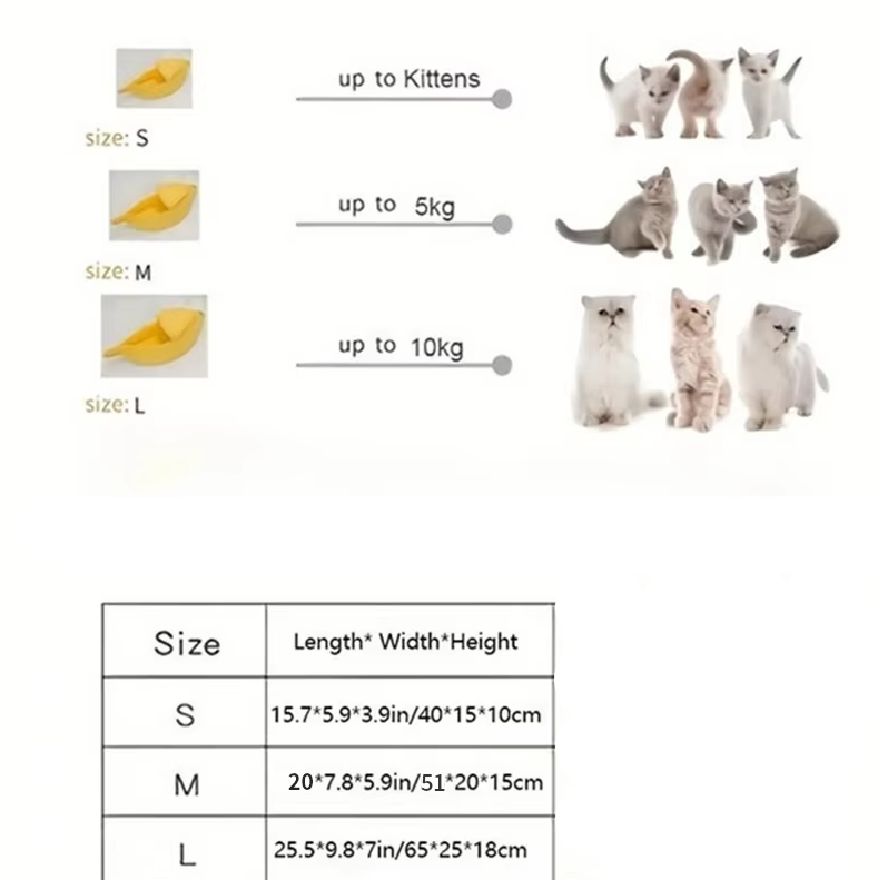 Soft plush banana pet bed, ideal for a cat's cozy winter sleep.