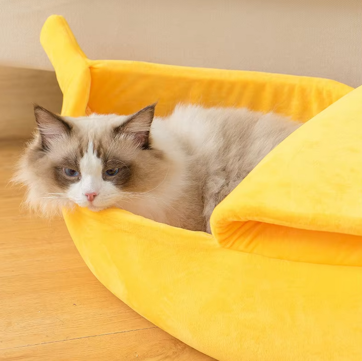 Snug dog bed shaped like a banana, offering warmth and comfort for pets.