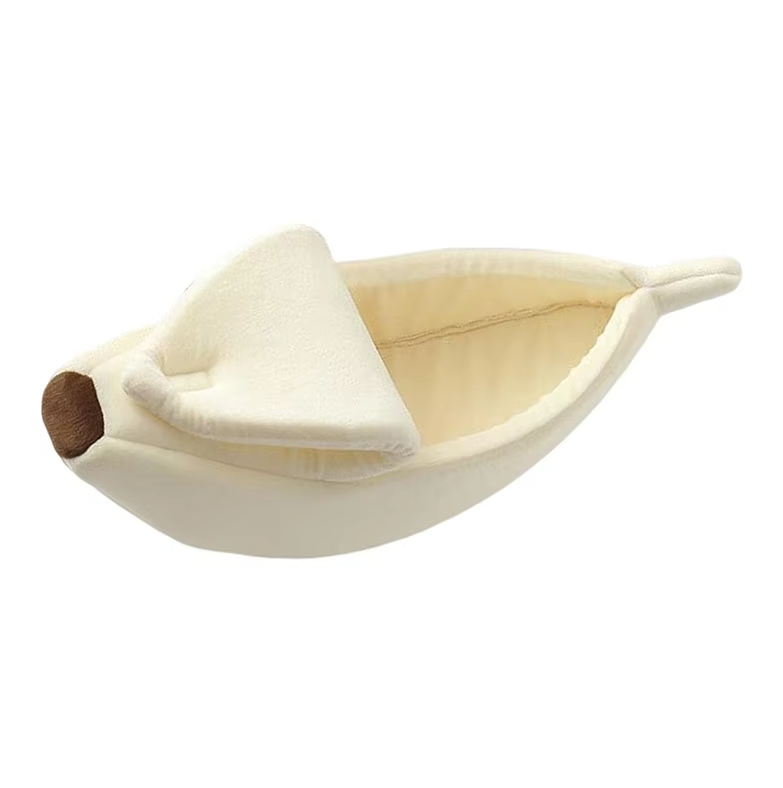 Winter pet bed, uniquely shaped like a banana for a cozy animal nest.