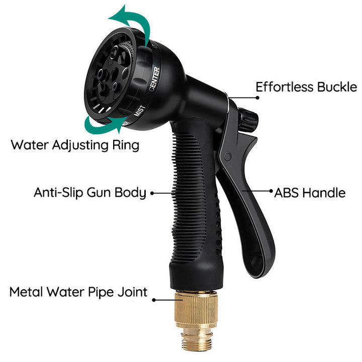 Expandable garden hose effortlessly winding through a vibrant garden, ideal for flexible watering.
