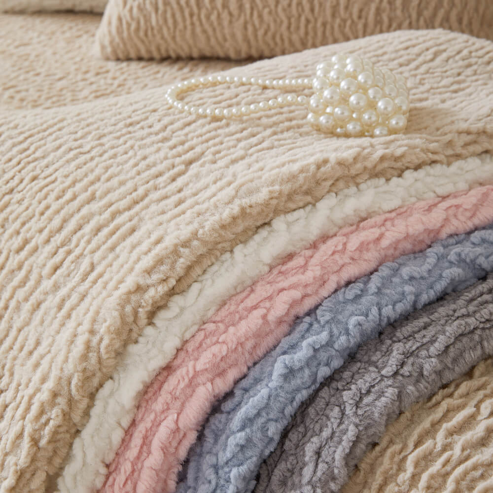 Child playing safely on a comfortable cream berber fleece couch cover, anti-scratch