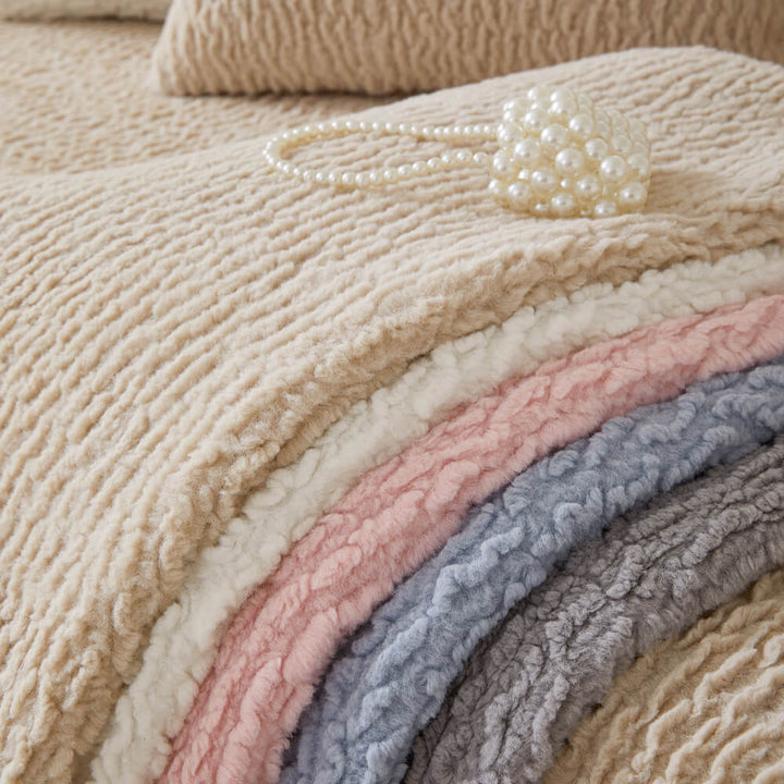 Child playing safely on a comfortable cream berber fleece couch cover, anti-scratch