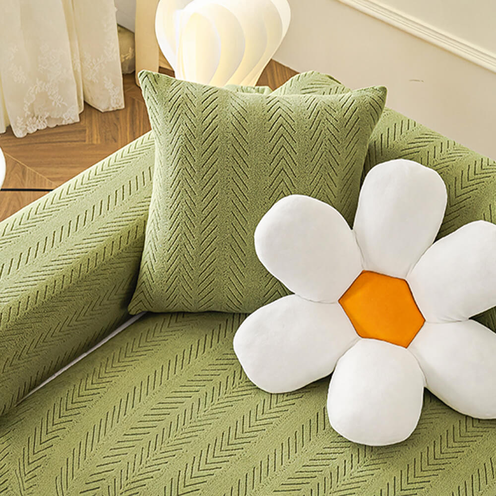 Universal cream herringbone sofa slipcover, machine washable stretch couch cover for easy pet-friendly care.