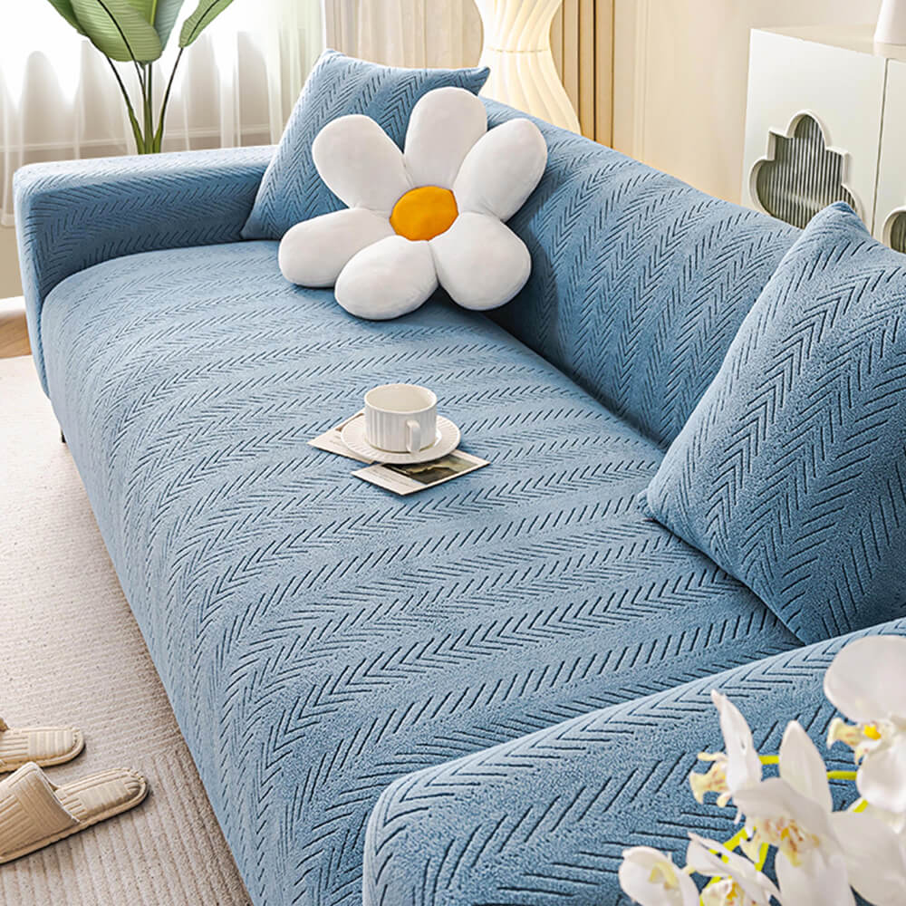 Modern cream herringbone sofa slipcover, elastic stretch fabric, durable and pet-friendly furniture protection.
