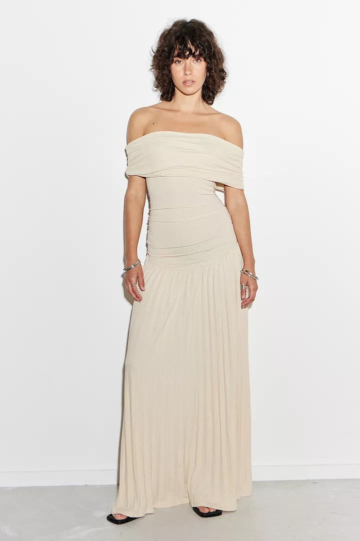 Cream off-shoulder maxi evening gown with exquisite pleats, elegant.