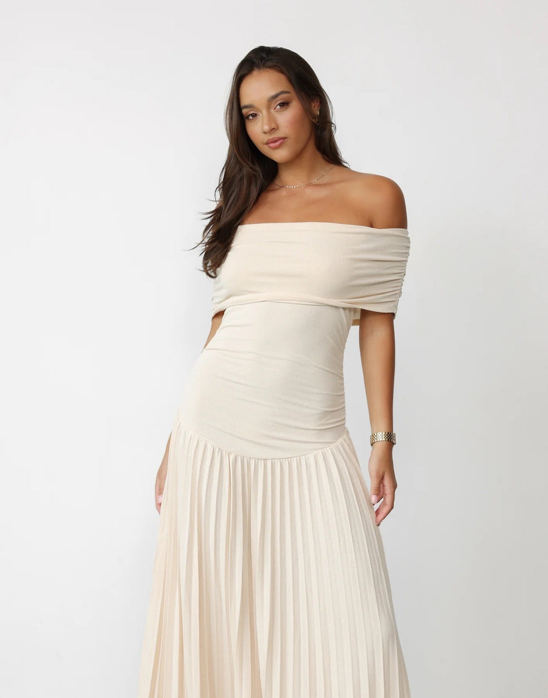 Navy formal off-shoulder pleated maxi dress, women's elegant style choice.