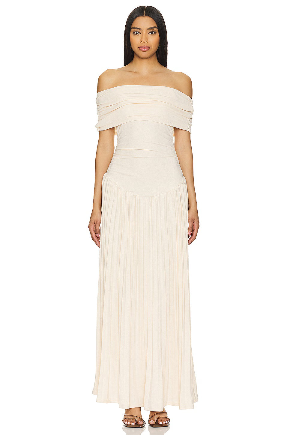 Women's cream off-shoulder pleated maxi dress, a perfect wedding guest attire.