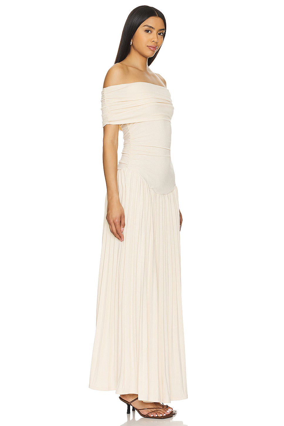 Sky blue off-shoulder maxi pleated dress, ideal for special occasions.