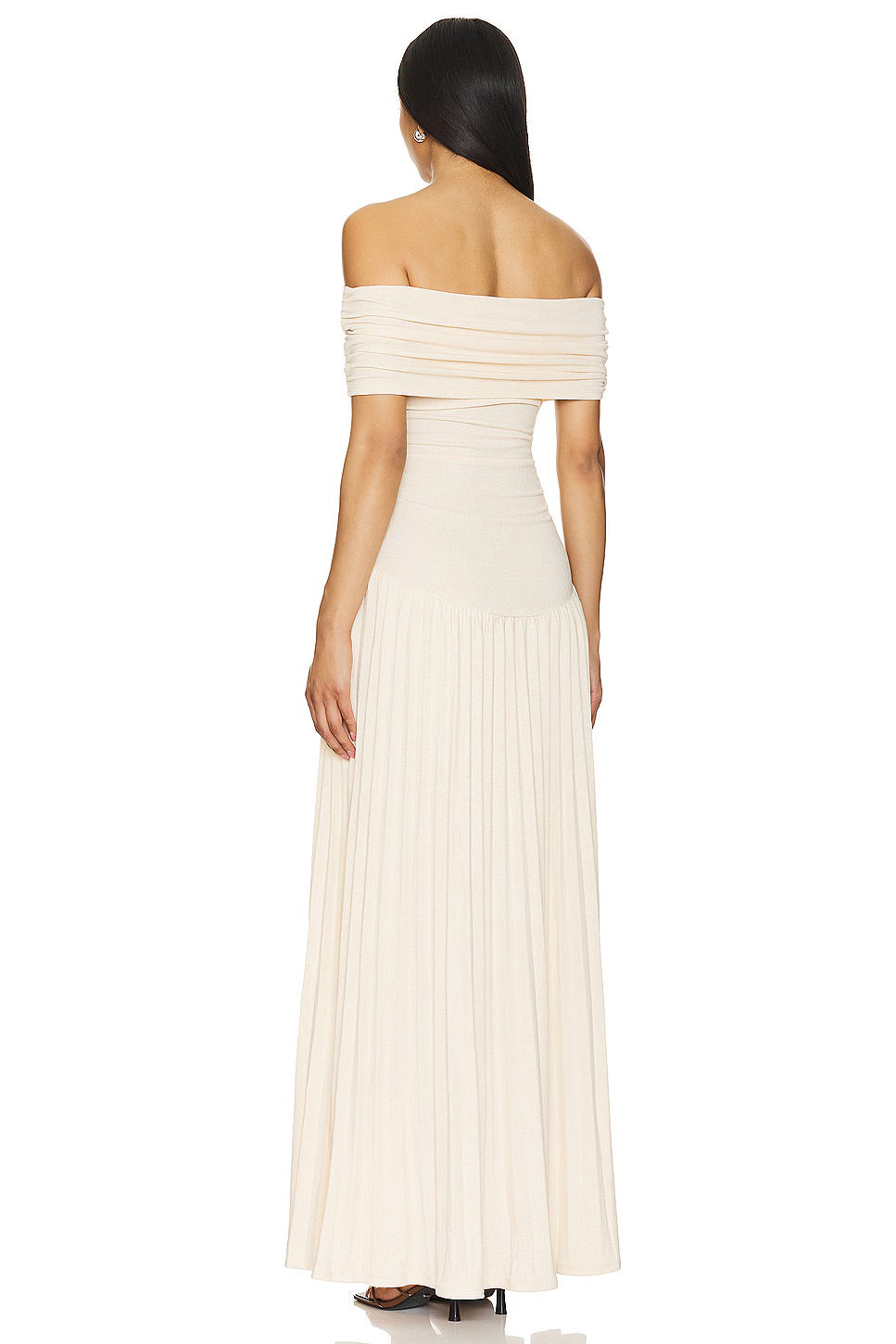 Navy off-shoulder pleated evening gown, elegant women's maxi dress.