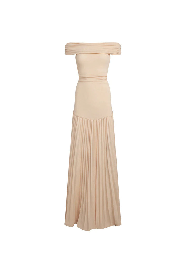 Cream pleated off-shoulder maxi dress, a chic choice for formal events.
